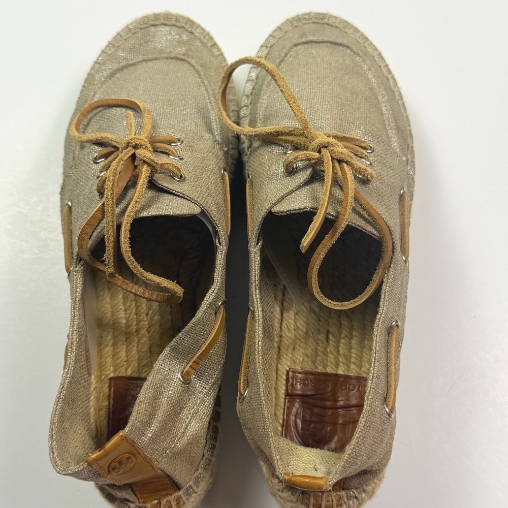 Tory Burch Metallic Gold Canvas Espadrille Boat Shoes Size 10 Made in Spain